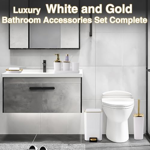 XLHOMO White Bathroom Accessories Set 8 Piece White and Gold Bathroom Set, Bathroom Sets with Stainless Steel Trash Can,Toilet Brush,Toothbrush Set,Soap Dispenser - size: White, style: Bath Set