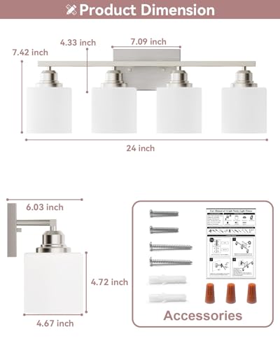 4-Light Bathroom Light Fixtures Over Mirror, Glass Shade & Anti-Rust Nickel Finished,Brushed Nickel Vanity Lights, Modern Bathroom Vanity Light, Bathroom Light for Small Space - color: Brushed Nickel-4 Light