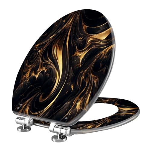 Elongated Toilet Seat Abstract marble fluid art painting alcohol ink style a black gold Resin Toilet Seat Slow Quiet Close with Quick-Release Hinges Toilet Seat with Cover Easy to Clean Install