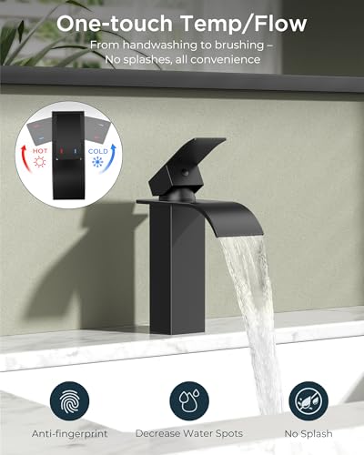 FORIOUS Bathroom Faucet 1 Hole, Waterfall Vanity Sink Faucet Matte Black | Bathroom Sink Faucet 1 or 3 Hole, Square Single Handle with 24" cUPC Supply Line and Pop-up Drain, Fits RV Restroom Basin - color: Matte Black