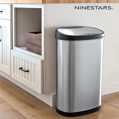 Ninestars 13 Gallon Oval Automatic Trash Can, 50L Touchless Motion Sensor Garbage Can with Odor-Sealing Lid & One-Touch Manual Mode, Silver Stainless Steel, Black Trim