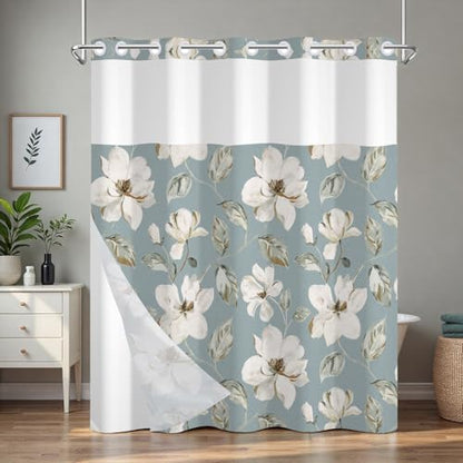 Floral Shower Curtains for Bathroom, Double-layer No Hook Shower Curtain with Detachable Liner and Mesh Top Window, 71x74 Inches Waterproof Fabric Shower Curtain with Built-in Rings and Weighted Hem - color: White Flowers