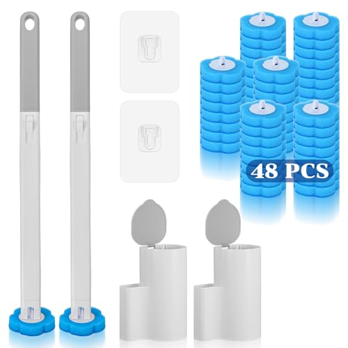 2 Pack Disposable Toilet Brush with 48 Refills | Toilet Bowl Cleaner Toilet Brush and Holder Set for Bowl Cleaners Bathroom Cleaning Bathtub