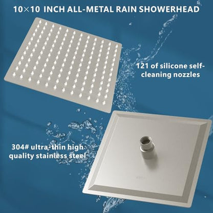 Voolan 10" Square Rain Shower Head with 14" Extension Arm, Adjustable Angle and Height, Stainless Steel Bathroom High Pressure Rainfall showerhead, 2.5GPM Brushed Nickel - color: Brushed Nickel