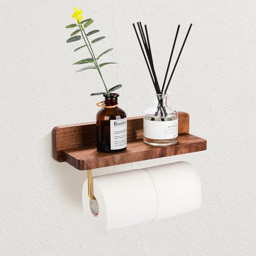 Walnut Toilet Paper Holder Wall Mount, 22cm Bar Fits 2 Slim Rolls (Under 11cm Width), with Storage Shelf, Gold Metal Bar, Bathroom Tissue Organizer (Smooth Surface) - color: Smooth Surface, size: 2 ROLLS