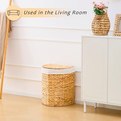 Half Round Wicker Laundry Hamper with Lid and 2 Removable Liner Bags, Handwoven Natural Water Hyacinth Laundry Basket for Dirty Clothes, Natural - color: Natural, size: 60L