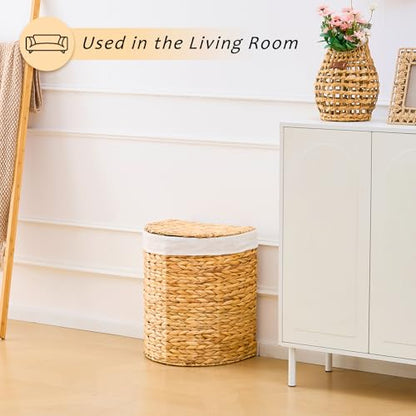 Half Round Wicker Laundry Hamper with Lid and 2 Removable Liner Bags, Handwoven Natural Water Hyacinth Laundry Basket for Dirty Clothes, Natural - color: Natural, size: 60L
