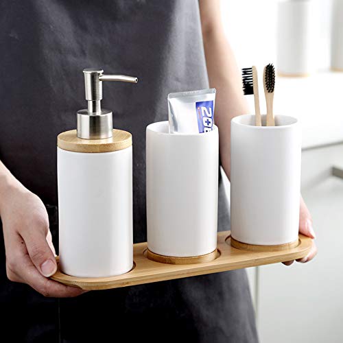 4-Piece White Ceramic Bathroom Accessories Set Includes Lotion Soap Dispenser Pump, Toothbrush Holder, Tumblers and Bamboo Tray, Modern Bathroom Accessories Set Complete - style: White