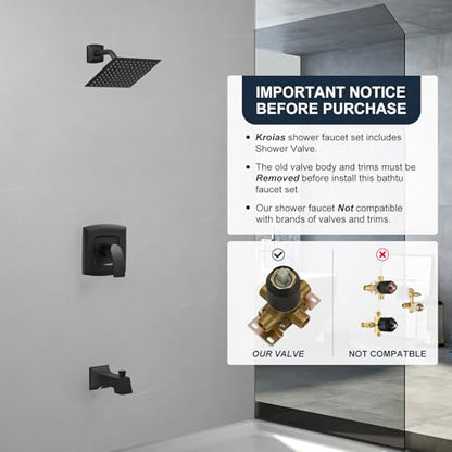 Tub Shower Faucet, Matte Black Shower Faucet Set with valve | 8-Inch Square Rain Shower Head and Tub Spout, Brass Shower System Bathtub Shower Faucet Set Complete, Tub shower faucet set