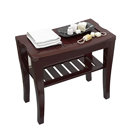soges Bamboo Shower Bench, Waterproof Shower Stool with Storage Shelf, Wood Bath Organizer Seat, Brown - color: Brown