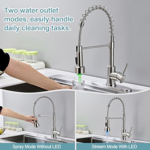LED Kitchen Faucets with Pull Down Sprayer, Brushed Nickel Modern Single Handle Stainless Steel Pull Out Spring Sink Faucet with LED Light for RV Bar Farmhous Laundry Outdoor - color: Brushed Nickel, style: Classic-LED