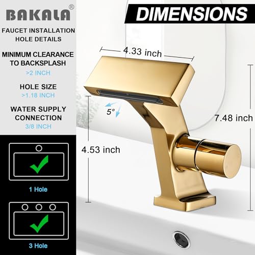 BAKALA Gold Waterfall Bathroom Faucet, Single Hole Brass Sink Faucet for RV and Vanity, Includes 2 Supply Lines - color: Gold