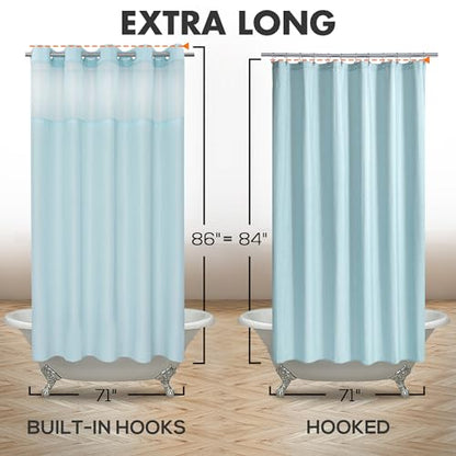 River Dream Extra Long No Hook Slub Textured Shower Curtain with Snap-in PEVA Liner Set - 71" x 86"(84"), Hotel Style with See Through Top Window, Blue Fabric Curtain & Waterproof Liner, Blue, 71x86 | 71W x 86H, Snap on/off Waterproof PEVA Liner, See Thro