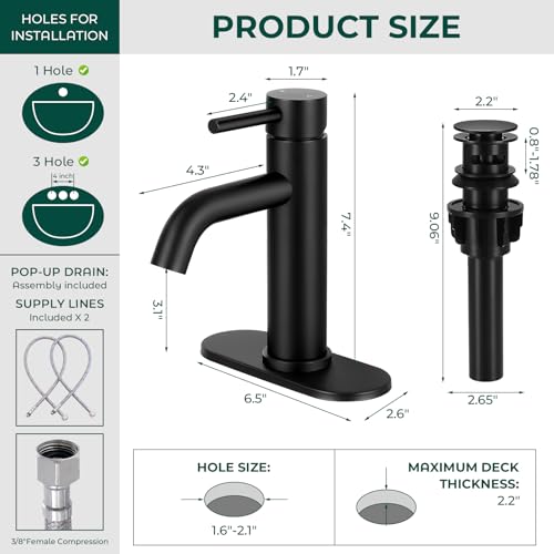 Bathroom Faucet, Single Handle Vanity Sink Faucet, Matte Black | Matte Black, for 1/3-Hole, Stainless Steel, Ceramic Cartridge, Pop-Up Drain, Deck Plate, For Vanity Powder Laundry - color: Matte Black