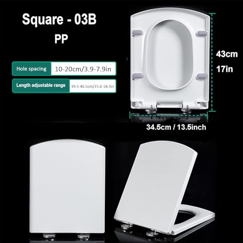 White Toilet Seat with Slow Close Lid and Seat, Quick Release for Easy Cleaning, 360° Adjustable Hinge, Square Loo Seats - Top Fixings Included, Polypropylene (PP), 03B, 34.5x43cm - size: 43x34.5cm (03B)
