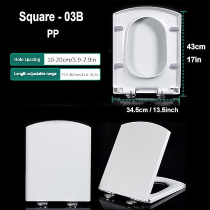 White Toilet Seat with Slow Close Lid and Seat, Quick Release for Easy Cleaning, 360° Adjustable Hinge, Square Loo Seats - Top Fixings Included, Polypropylene (PP), 03B, 34.5x43cm - size: 43x34.5cm (03B)