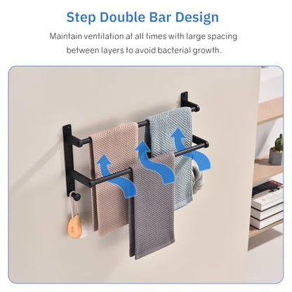 18-Inch Double Towel Rack with Hooks - Space Saving Towel Hanger, Matte Black Stainless Steel Towel bar for Bathroom Wall - color: Matte Black, size: 18-Inch