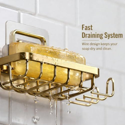Snailhouse Soap Dish for Shower, Wall Adhesive Self Draining Hanging Stainless Steel Bathroom Bathtub Bar Soap Holder Tray Caddy with Hooks, Gold