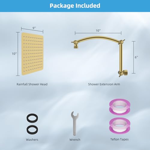 Hibbent All Metal 10'' Rain Shower Head, 16'' Extension Arm, Brushed Gold | cUPC Certified High Pressure Rainfall Showerhead with Solid Brass Adjustable Shower Head Extension Arm, Fixed Showerheads - color: Brushed Gold, style: Square 10''