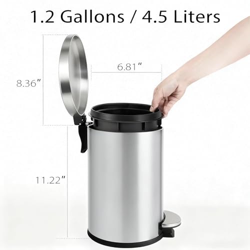 TIPGO Small Bathroom Trash Can with Lid Soft Close, 1.2 Gal, Silver | Hands-Free Step Pedal, Removable Inner Bucket, 4.5 Liters, Round Stainless Steel Garbage Can for Bedroom, Office, Kitchen - color: Silver