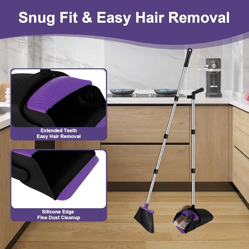 Broom and Dustpan Combo Set, 51" Long Handle Broom with Squeegee | Wet & Dry Cleaning for Pet Areas, Built-in Comb Dustpan, Foldable Space-Saving Storage, Multi-Surface Floor Cleaning - color: Purple