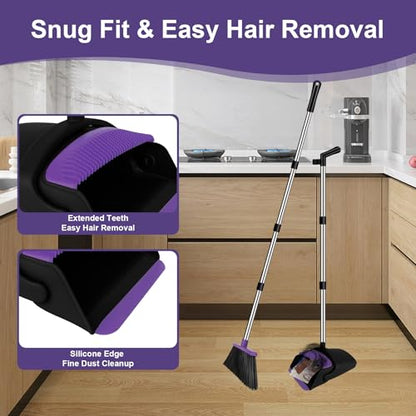 Broom and Dustpan Combo Set, 51" Long Handle Broom with Squeegee | Wet & Dry Cleaning for Pet Areas, Built-in Comb Dustpan, Foldable Space-Saving Storage, Multi-Surface Floor Cleaning - color: Purple