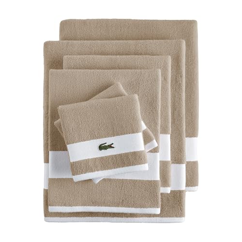 Lacoste Sport Stripe 6-Piece Luxury Cotton Towel Set – Made with 100% Soft Supima Cotton, Absorbent & Quick-Drying, Includes 2 Bath Towels, 2 Hand Towels, 2 Washcloths, Sand - color: Sand