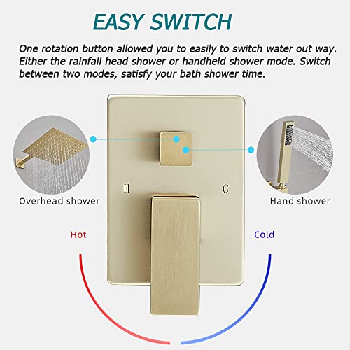 Brushed Gold Shower System Bathroom Luxury Rain Mixer Shower Combo Set Wall Mounted Rainfall Shower Head System Shower Faucet Rough-in Valve Body and Trim Kit - color: Brushed Gold, style: Handheld/Shower Faucet