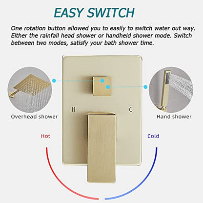 Brushed Gold Shower System Bathroom Luxury Rain Mixer Shower Combo Set Wall Mounted Rainfall Shower Head System Shower Faucet Rough-in Valve Body and Trim Kit - color: Brushed Gold, style: Handheld/Shower Faucet