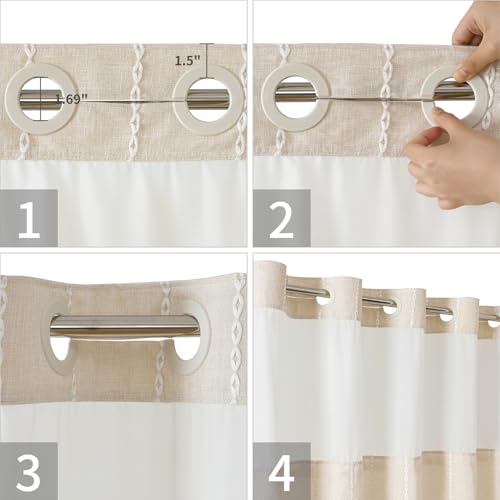 eachope No Hook Extra Long Shower Curtain Set with Snap-in Liner,Linen Textured Thick Striped Fabric with Tassels,Boho Chic Modern Farmhouse Bathroom Curtain,Water-Repellent,Cream/Beige,71x86 | Linen Texture,230GSM Thick Fabric,Hotel Luxury Decor,Mesh Win
