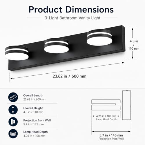3-Light Bathroom Vanity Light Over Mirror, (24inch Dimmable) Matte Black LED Vanity Lighting Fixtures, Modern Bathroom Wall Light Fixtures with 360°Rotating Lamp Head (Cool White 5500K) - color: Matte Black-Dimmable