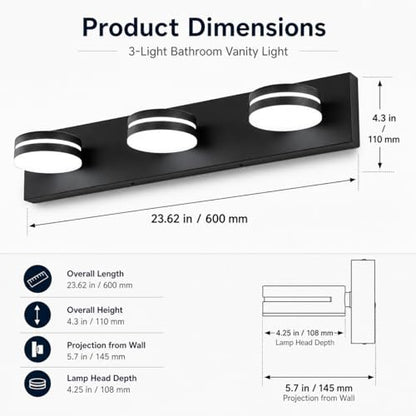 3-Light Bathroom Vanity Light Over Mirror, (24inch Dimmable) Matte Black LED Vanity Lighting Fixtures, Modern Bathroom Wall Light Fixtures with 360°Rotating Lamp Head (Cool White 5500K) - color: Matte Black-Dimmable