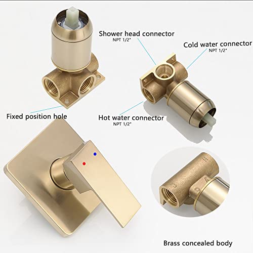 Brushed Gold Shower Faucet Set, Single Function Shower Trim Kit with Rough-in Valve, Square Rain Shower Head System Included Extra Long Shower Arm for Bathroom - color: Brushed Gold, style: Shower Faucet