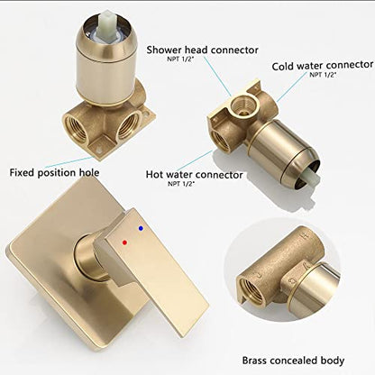Brushed Gold Shower Faucet Set, Single Function Shower Trim Kit with Rough-in Valve, Square Rain Shower Head System Included Extra Long Shower Arm for Bathroom - color: Brushed Gold, style: Shower Faucet