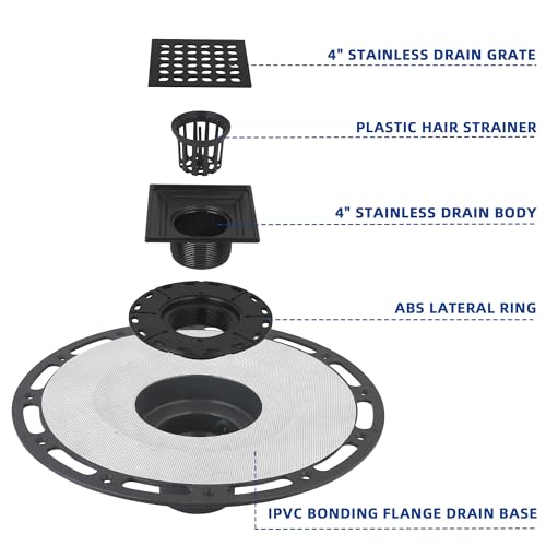 4-Inch Square Shower Drain Kit with Bonding Flange, Matte Black | Removable 304 stainless steel grate with hair strainer; fits 2- and 3-inch pipes for tiled shower floors and wet areas - size: 4in-Black