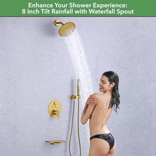 VANFOXLE Shower Faucet Set Brushed Gold Shower System, Push Button Diverter | 8 Inch Wall Mount Head, 2-in-1 Handheld Sprayer, 9 Inch Bathtub Waterfall Spout, Solid Brass Valve, Rust Resistant - color: Brushed Gold, style: 8 Inch