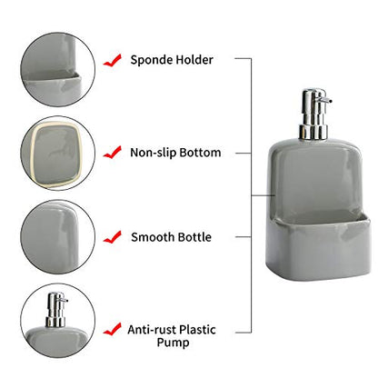 Dish Soap Dispenser - Kitchen Soap Dispenser with Sponge Holder Matte Ceramic Soap Daddy Dispenser 20oz for Kitchen (Grey) - color: Gray