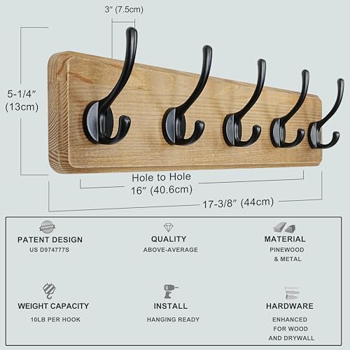 Coat Rack Wall: Patented, Heavy-Duty, 17.4" Long 5-Double-Hooks Wooden Wall Mounted Coat Rack Coat Hanger Hook Rail for Winter Coats Hat Jacket Clothing, Weathered Brown - color: Weathered Brown & Black, size: L=17.4" (1pcs)