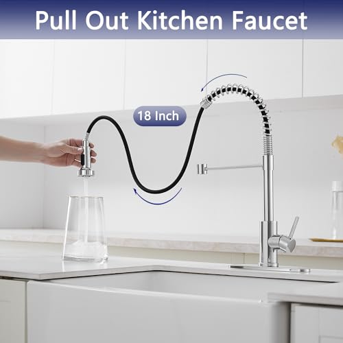 VOTON Chrome Kitchen Faucets with Pull Out Sprayer Commercial Spring Sink Faucet Stainless Steel Pull Down Single Handle Farmhouse faucets with Deck Plate for Camper Laundry Utility Rv Wet Bar - color: Chrome