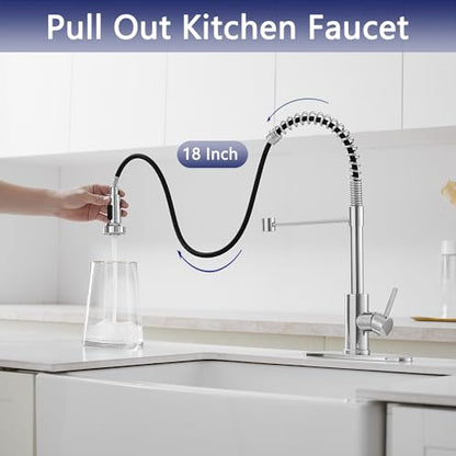 VOTON Chrome Kitchen Faucets with Pull Out Sprayer Commercial Spring Sink Faucet Stainless Steel Pull Down Single Handle Farmhouse faucets with Deck Plate for Camper Laundry Utility Rv Wet Bar - color: Chrome
