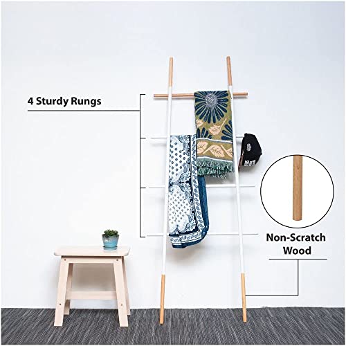 Freestanding Towel Ladder Rack, Space Saving, No-Scratch Wood, for Household Use, White - color: White