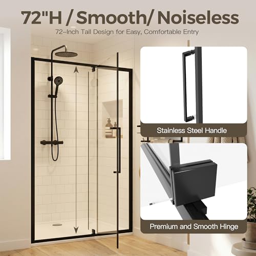 44-48" W x 72" H Pivot Shower Doors, Semi-Frameless Swing Glass Shower Doors Water Repellent, with 1/4" (6mm) Clear SGCC Tempered Glass, Reversible Installation, Matte Black Finish | 1/4" (6mm) Clear SGCC Tempered Glass with a 24.8" walk-in opening, Matte