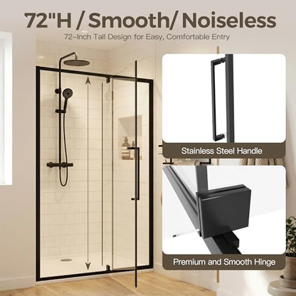 44-48" W x 72" H Pivot Shower Doors, Semi-Frameless Swing Glass Shower Doors Water Repellent, with 1/4" (6mm) Clear SGCC Tempered Glass, Reversible Installation, Matte Black Finish | 1/4" (6mm) Clear SGCC Tempered Glass with a 24.8" walk-in opening, Matte