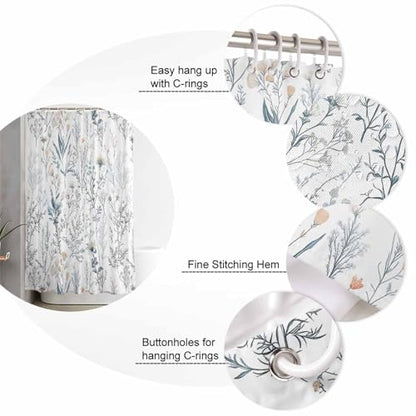 Botanical Floral Bathroom Shower Curtains with 12 Hooks Polyester Waterproof Shower Curtain for Stalls and Bathtubs Flowers Leaves Plants Light Blue Decorative Bathroom Privacy Curtain 54x78 Inches - size: 54"W x 78"L (Pack of 1)