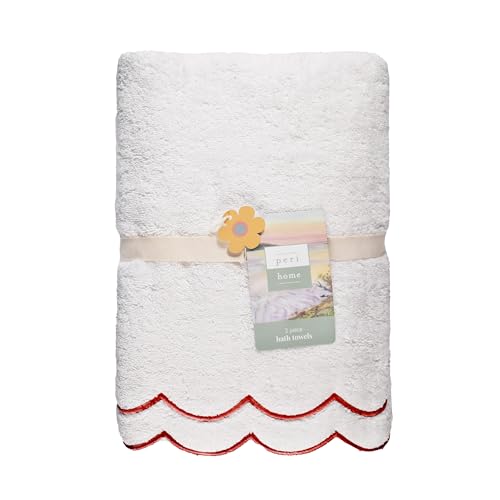 Peri Home 2 Piece Cotton Bath Towel Set, Embroidered, White, Red Scallop - color: White With Chili Red Scallop, size: 2 Bath Towel