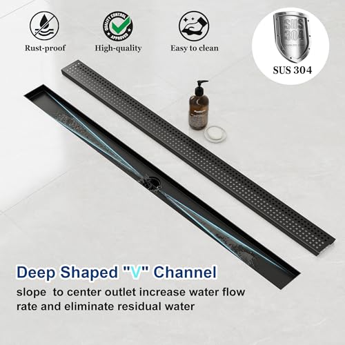 Neodrain 32" Linear Shower Drain, Matte Black 304 SS Bathroom Linear Drain | Black Shower Drain with Quadrato Grate& Adjustable Feet, Long Rectangle Shower Floor Drain in Bathroom, Balcony etc,cUPC - color: Matte Black, size: 32 In