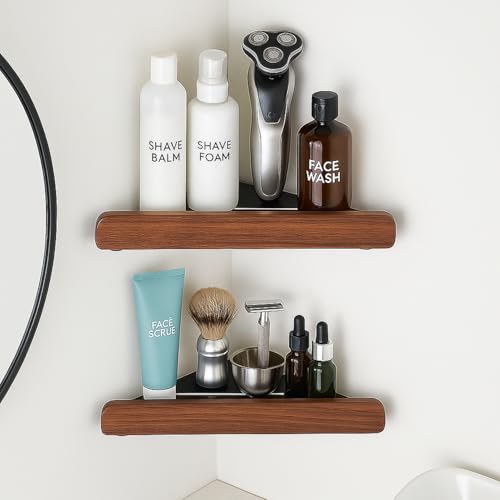 2 Tier Corner Shower Shelf, Shower Caddy with Walnut Wood Finish | corner shower shelf with walnut wood and aluminum frame,no-drill bathroom storage organizer for shampoo and toiletries.