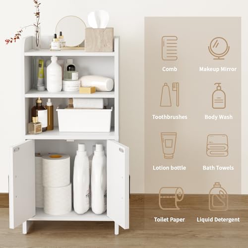 Small Bathroom Storage Cabinet, Farmhouse Freestanding Toilet Paper Storage with 2 Doors and Shelves, Slim Bathroom Storage Cabinet for Small Spaces, White, 7.9" D x 14.2" W x 29.5" H