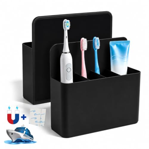 AgePlace 2 Pack Magnetic Toothbrush Holder for Cruise Ship Cabins,Wall Mounted Toothbrush Organizer with 3 Removable Dividers,Travel Must Haves,Cruise Essentials 2026 for Alaska & Caribbean Cruises - color: Black