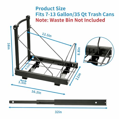 Pull Out Trash Can with Soft-Close for Kitchen Cabinets, Under Sink Drawer | Adjustable for 7-13 Gal can, Black Thick Handle & Frame, Up to 125 lbs Capacity, Fits 13"W x 18"D cabinets, Can Not Included